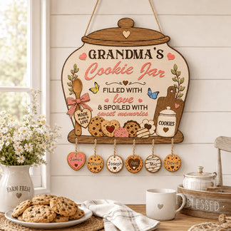 Decorative sign for Grandma's Cookie Jar with cookie-themed elements on a wooden surface.