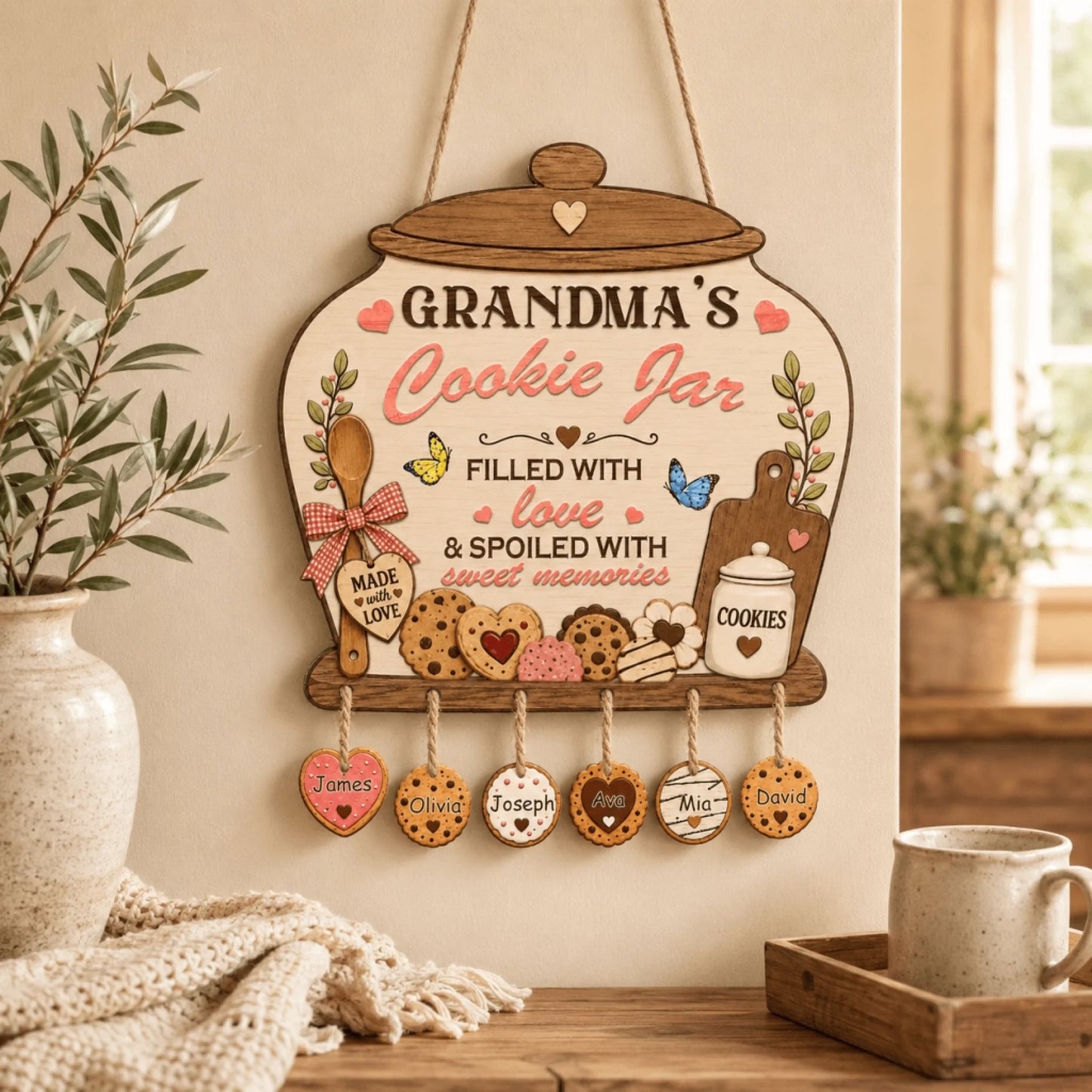 Decorative sign shaped like a cookie jar with personalized name tags, hanging on a wall.