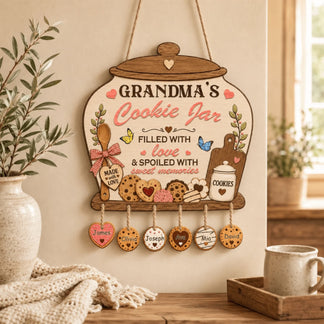 Decorative sign shaped like a cookie jar with personalized name tags, hanging on a wall.