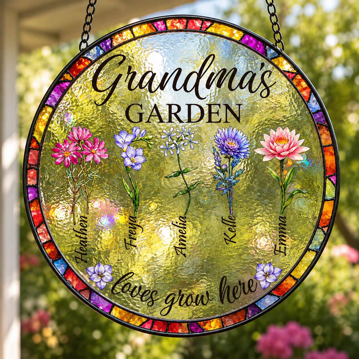 Decorative glass panel with floral designs and text 'Grandma's Garden loves grow here' against a blurred garden background.