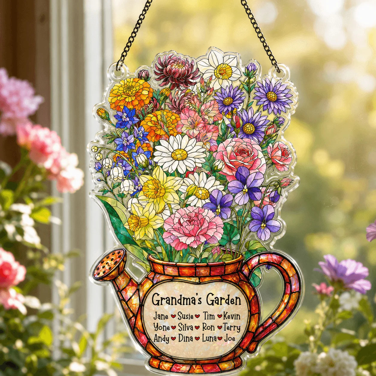 Decorative stained glass panel of a watering can with flowers and 'Grandma's Garden' text, hanging outdoors.