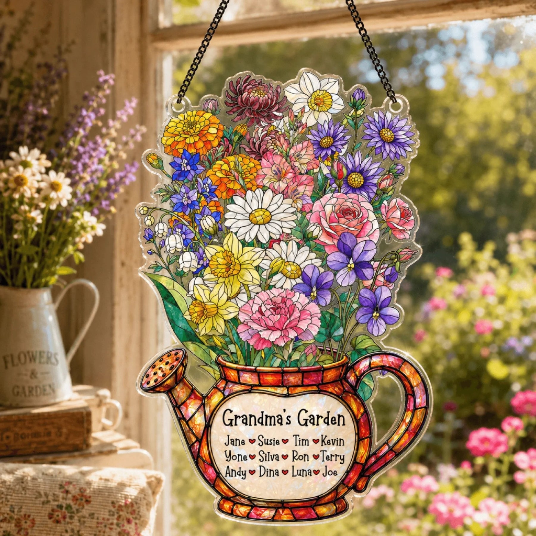 A vibrant, flower-filled watering can decoration, featuring a 'Grandma's Garden' label, hangs in a sunny window with a metal pitcher of flowers nearby.