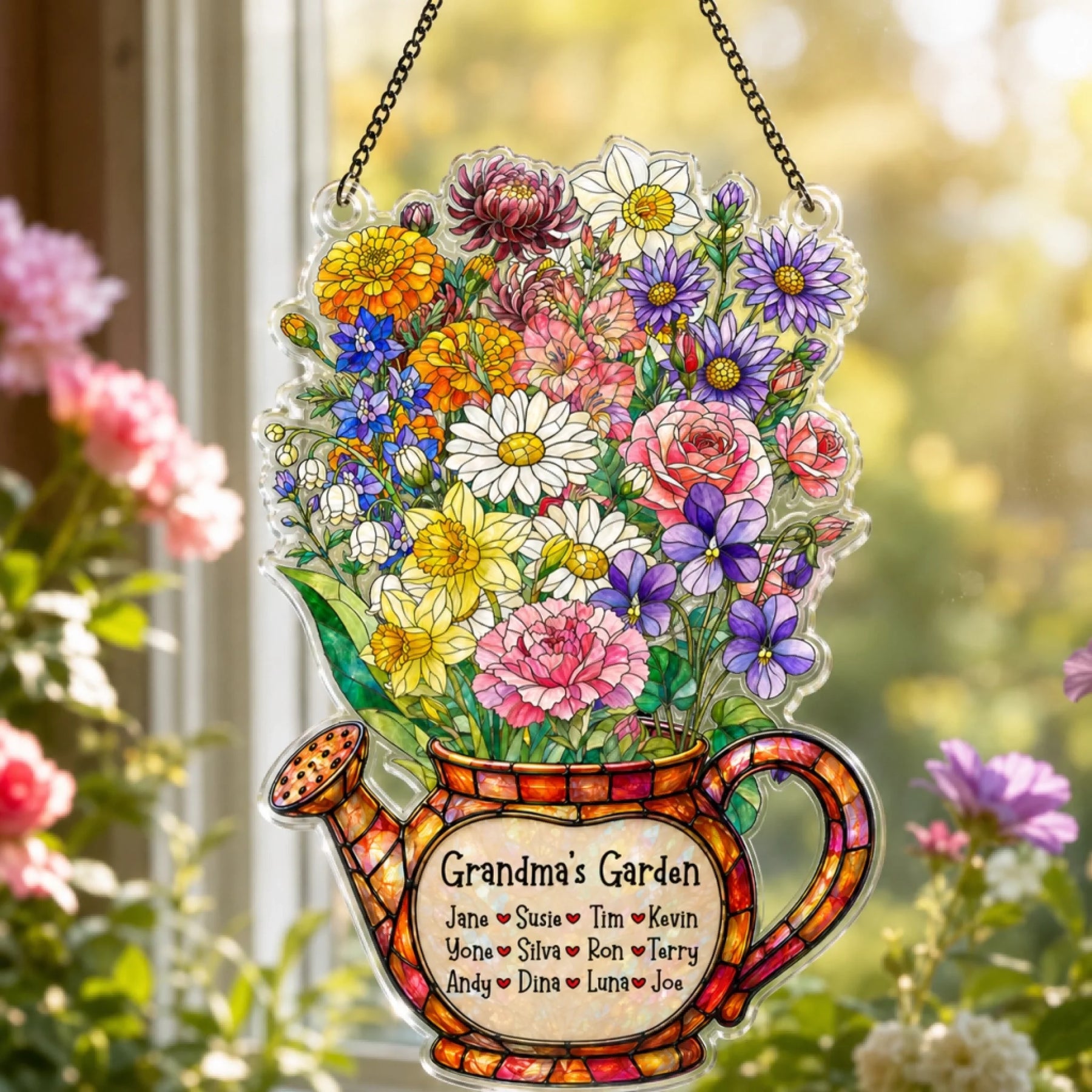 A clear acrylic watering can decoration, filled with a vibrant bouquet of various flowers, hanging by chains in a sunny window. The base reads "Grandma's Garden" with names.