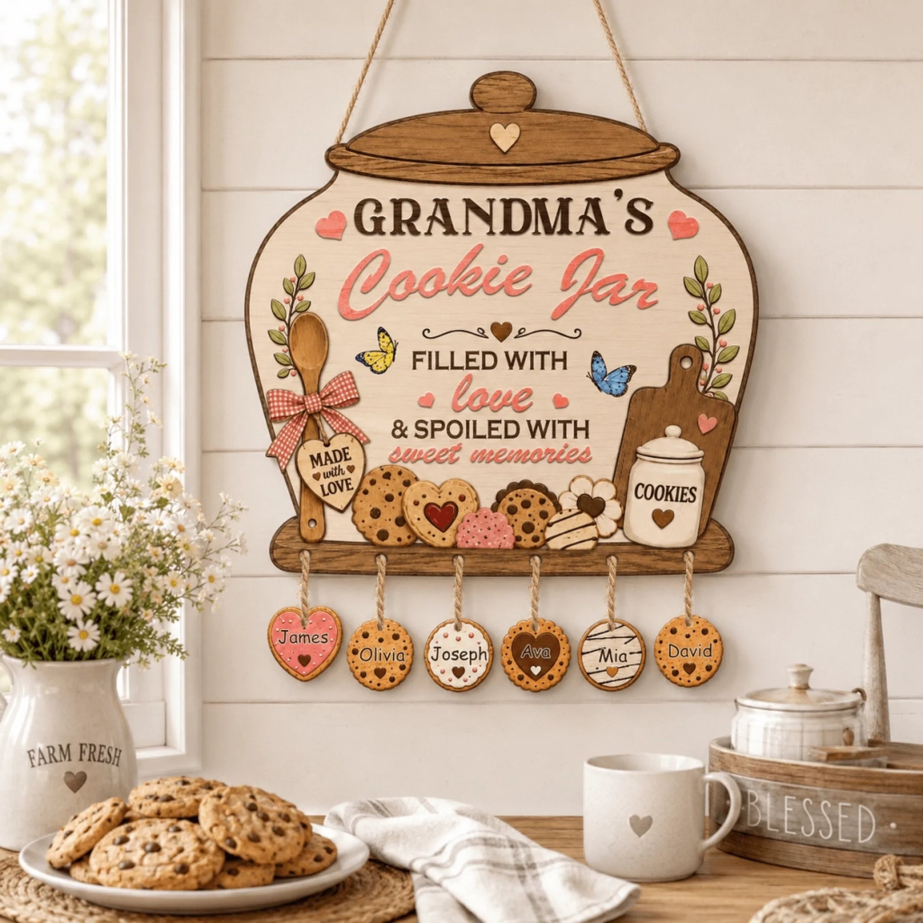 Decorative sign for Grandma's Cookie Jar with cookie-themed elements on a wooden surface.