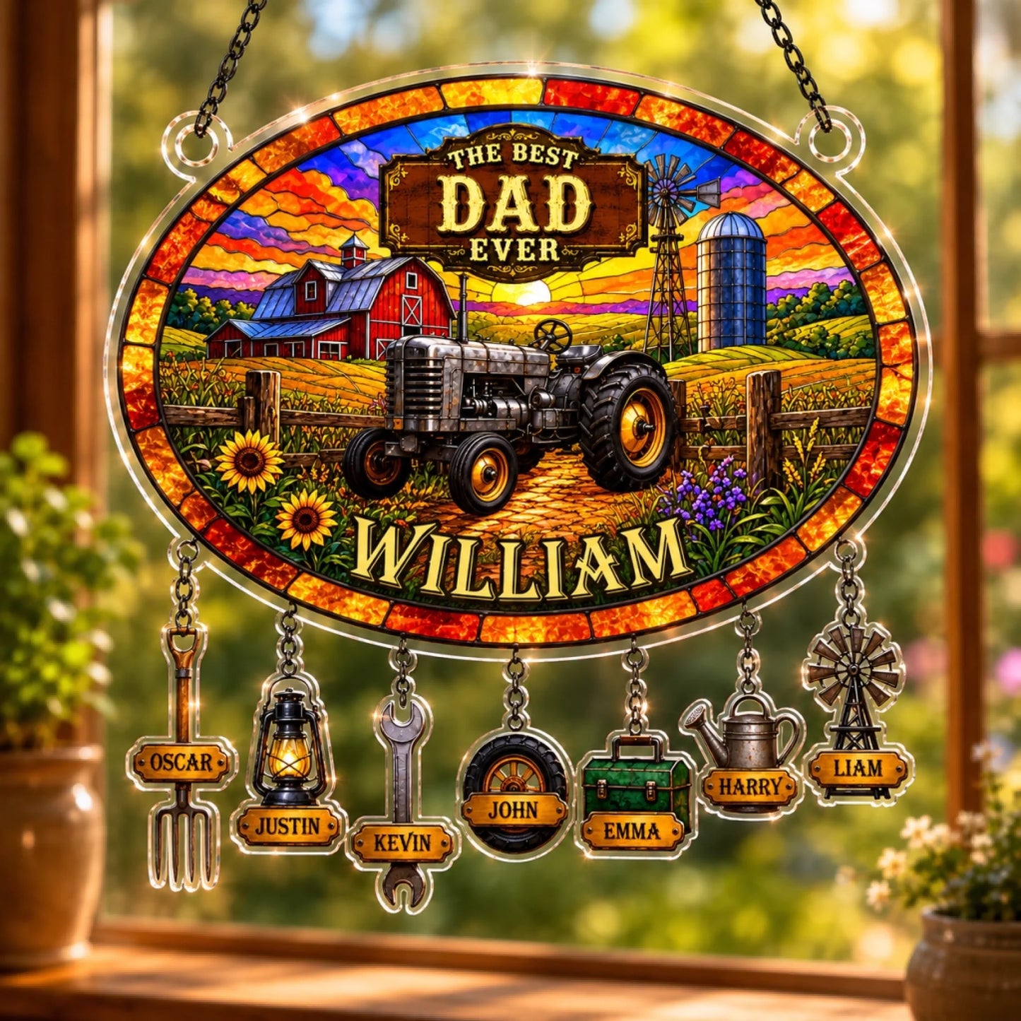Decorative stained glass panel with a tractor and farm scene, personalized with names.