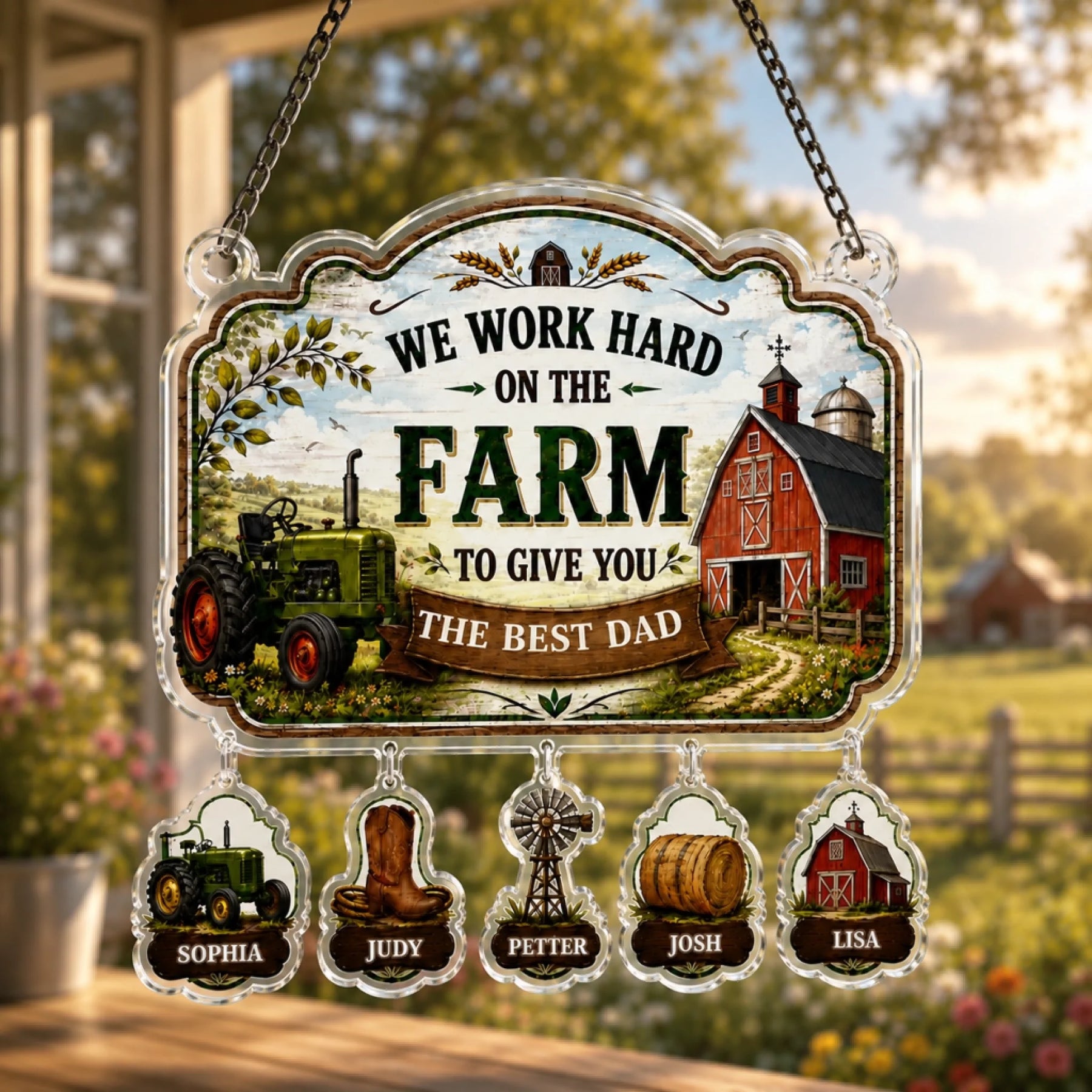 Decorative sign with farm-themed design and names on a blurred outdoor background