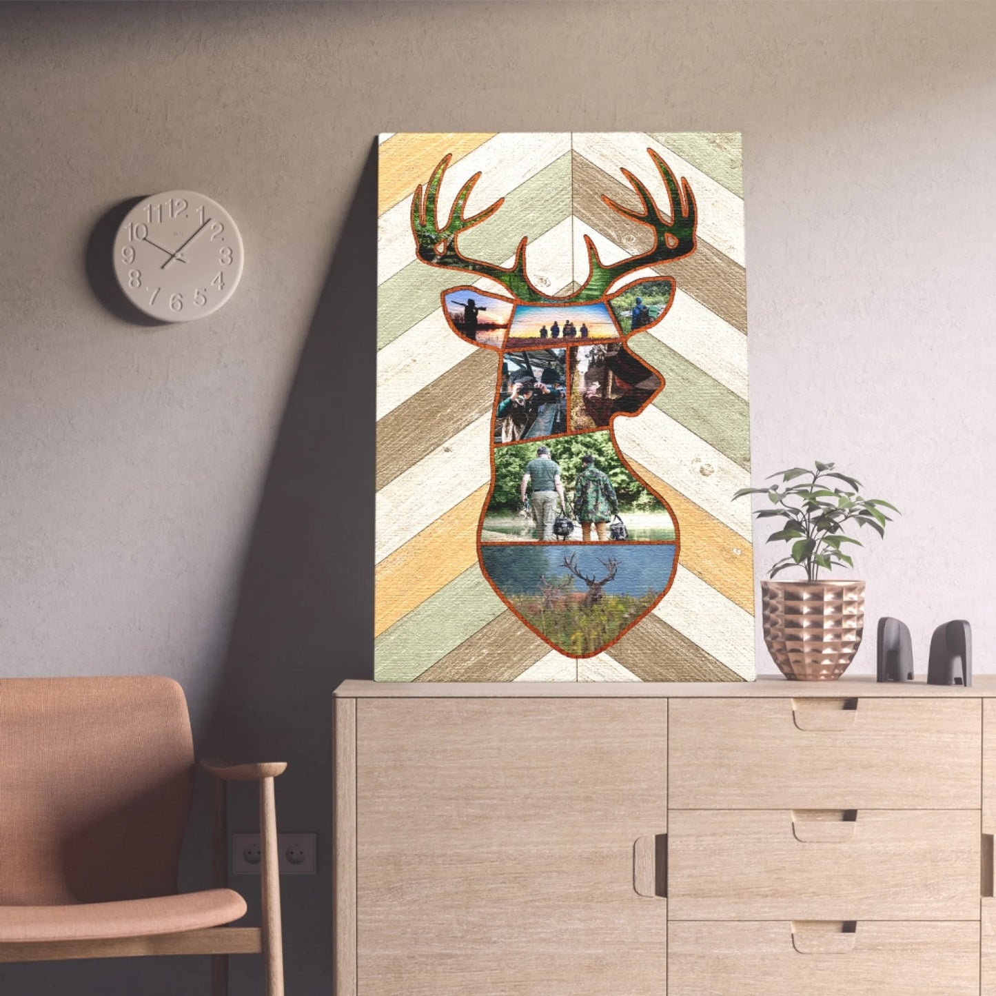 Decorative wall art of a deer head with geometric patterns and nature scenes, displayed on a wall above a wooden cabinet.