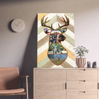 Decorative wall art of a deer head with geometric patterns and nature scenes, displayed on a wall above a wooden cabinet.