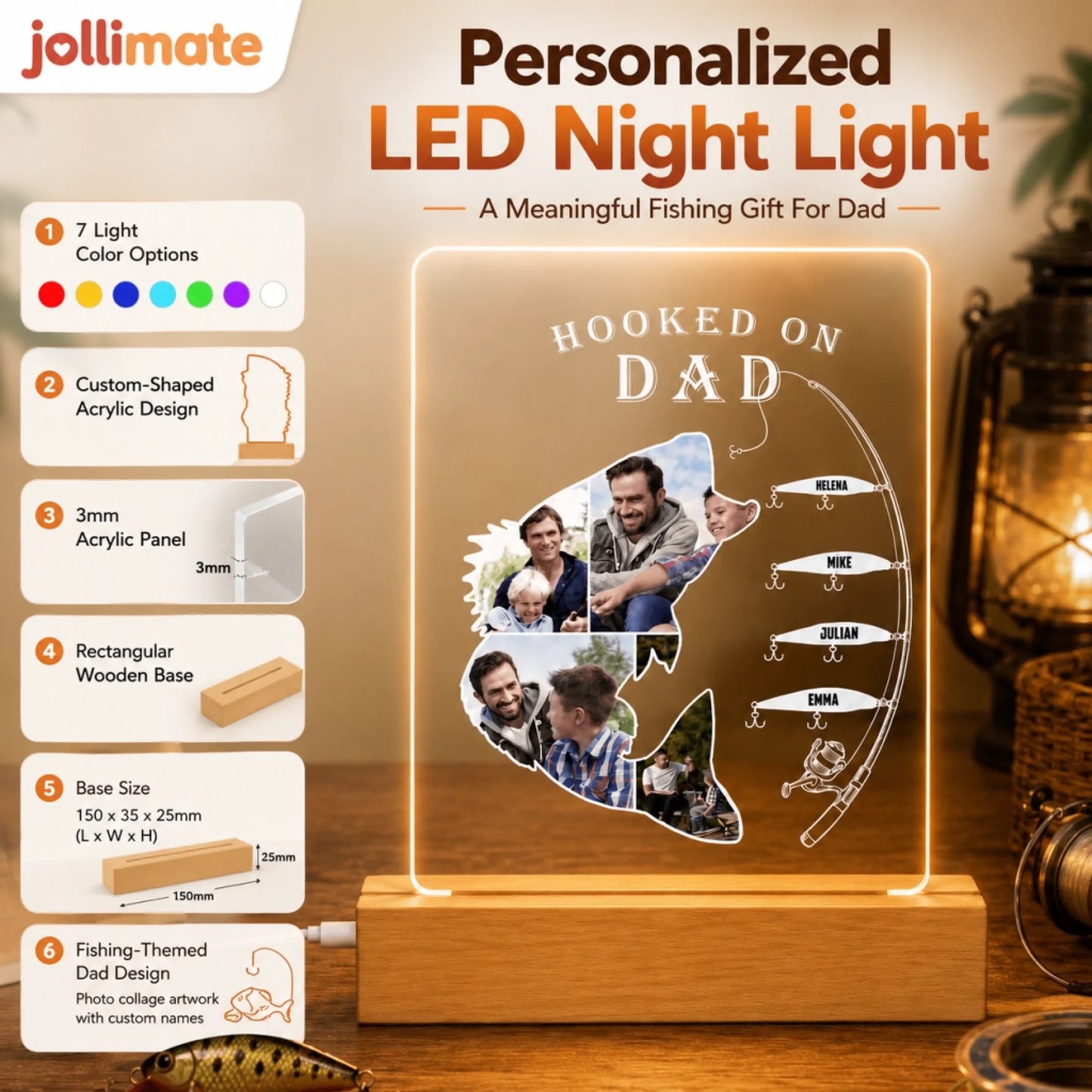 Personalized LED night light shaped like a fish with family photos and text, featuring jollimate branding.
