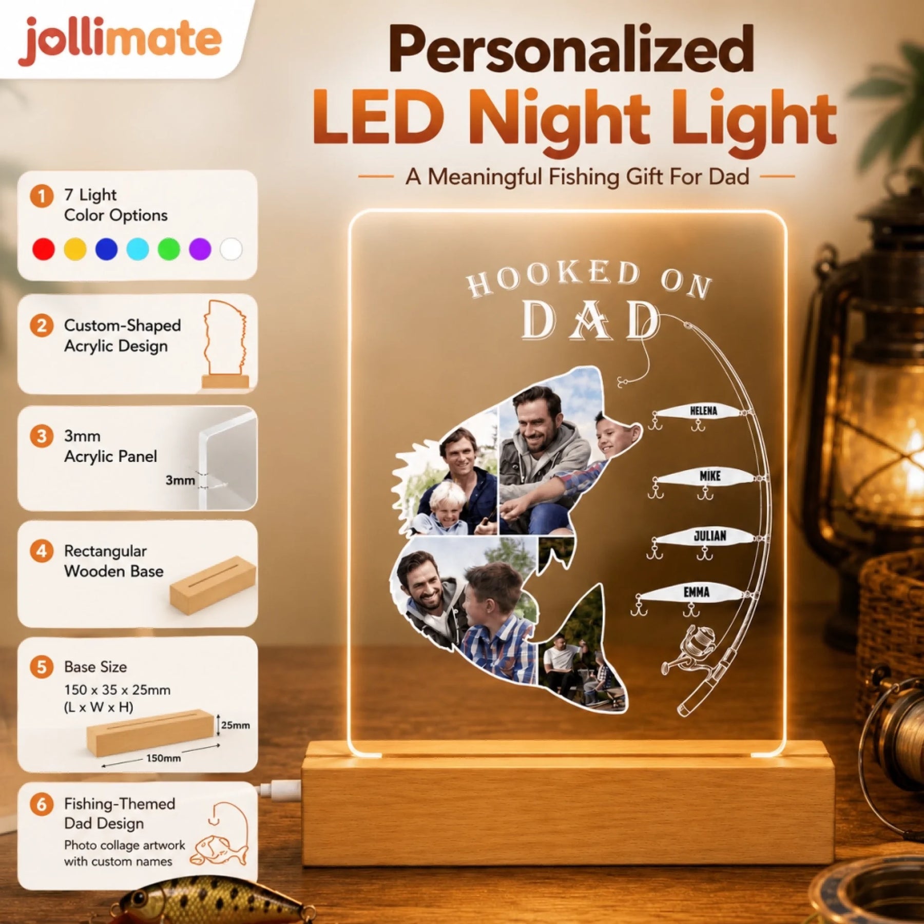 Personalized LED night light shaped like a fish with family photos and text, featuring jollimate branding.