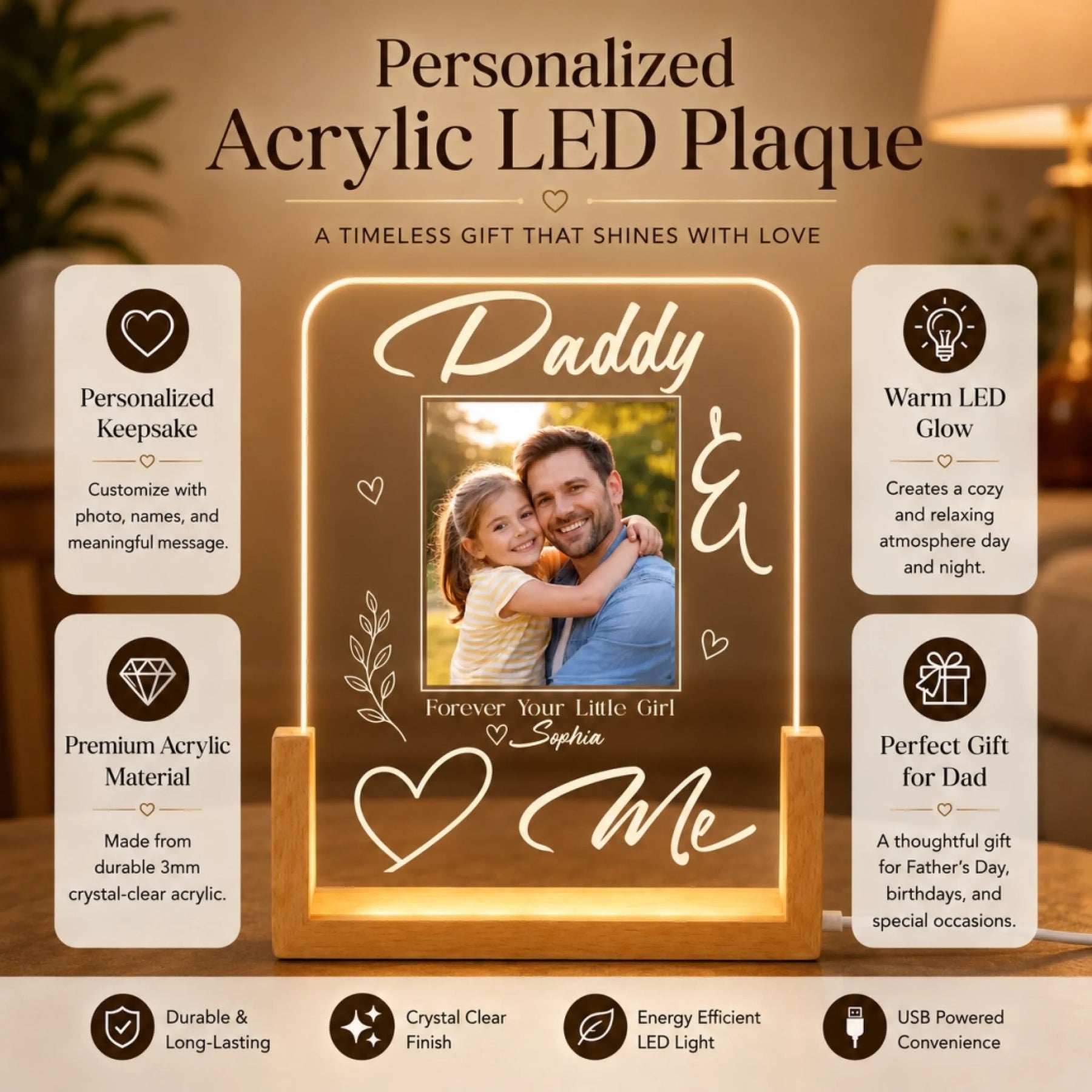 Personalized acrylic LED plaque with a photo of a father and daughter, surrounded by product features on a warm background.