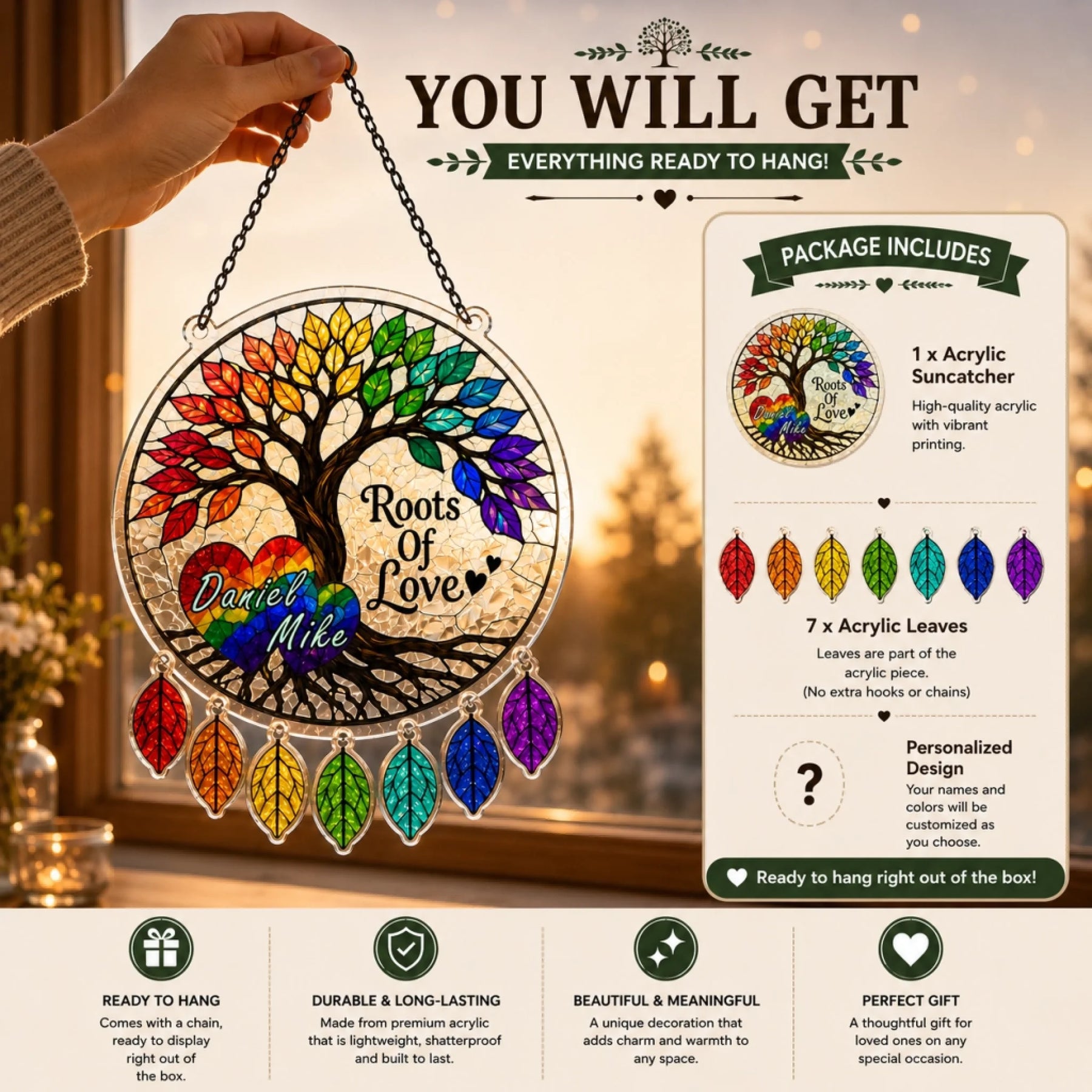 Rainbow-themed acrylic sun catcher with personalized text, held by a hand against a blurred indoor background.