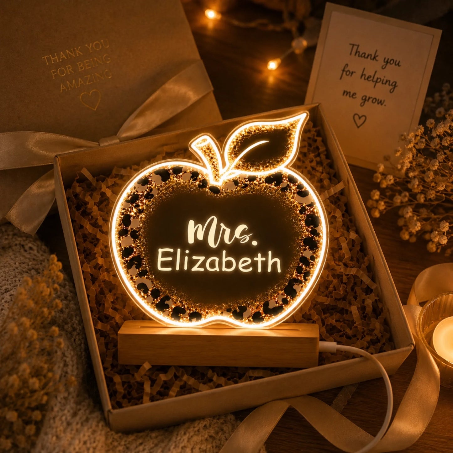 A glowing apple-shaped night light with a leopard print border and "Mrs. Elizabeth" text, presented in an open gift box with shred.