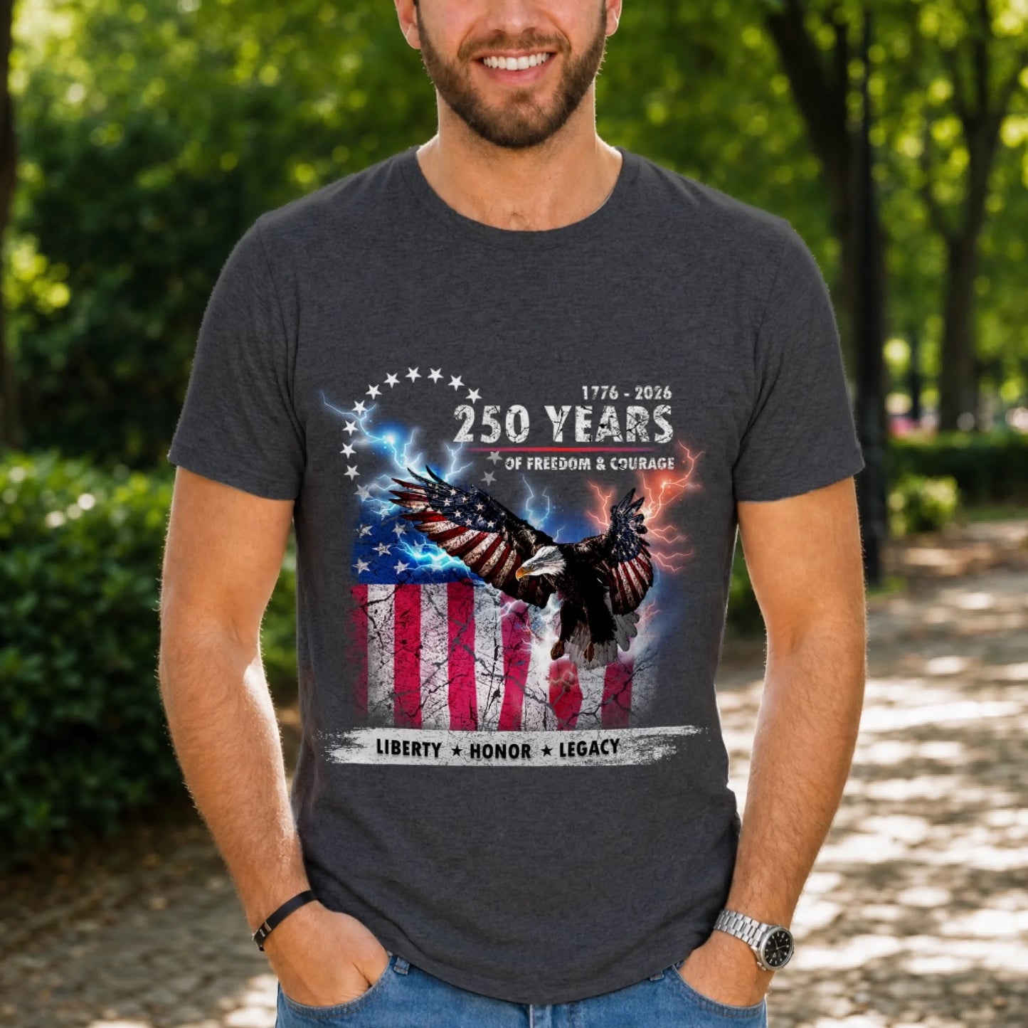 Man wearing a t-shirt with an eagle and American flag design outdoors.