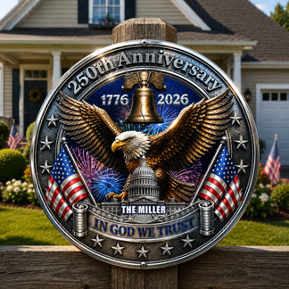 Decorative plaque celebrating 250th anniversary with eagle, American flags, and fireworks in front of a house.