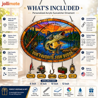 Jollimate personalized acrylic suncatcher ornament with fish design and included accessories.