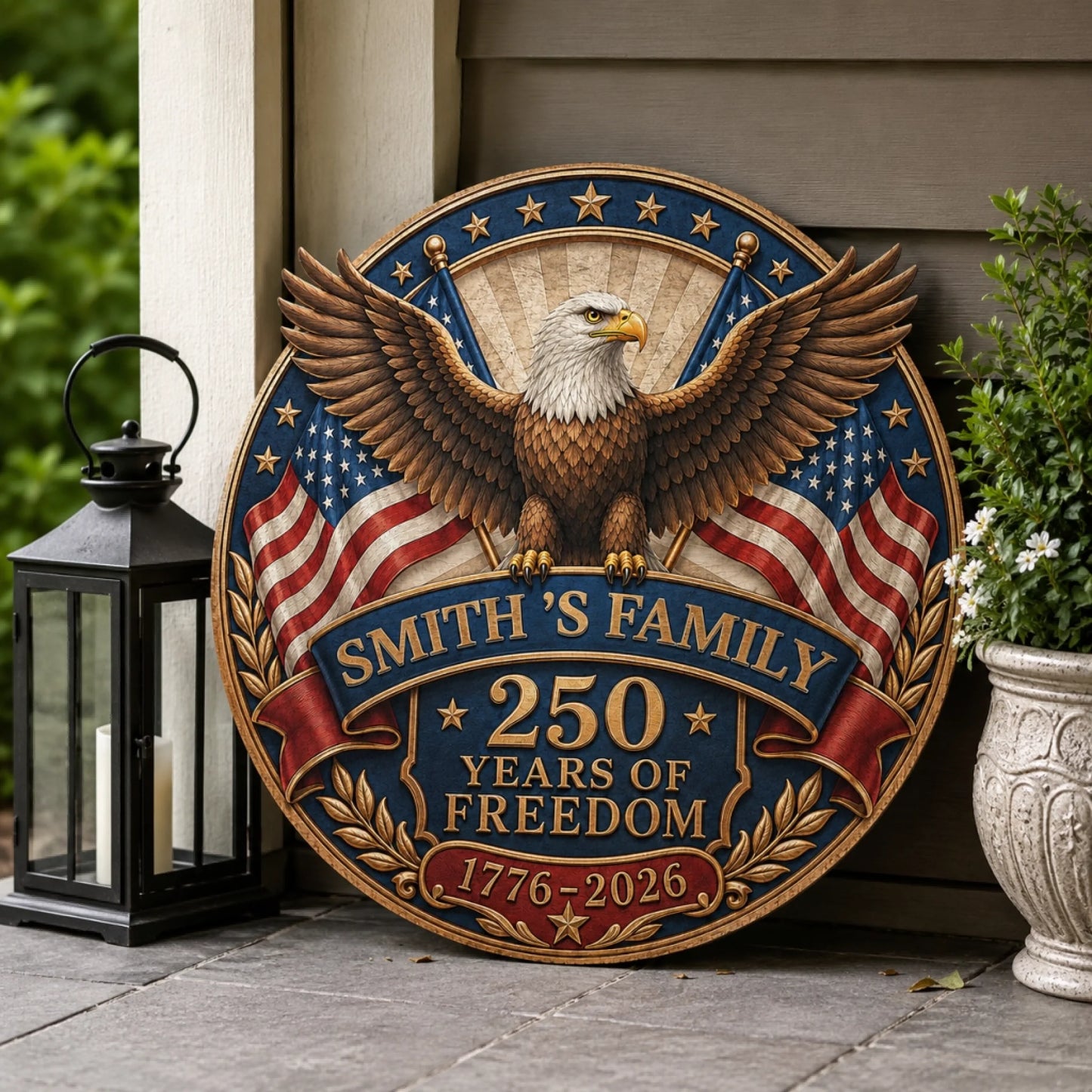 Decorative wall plaque with an eagle and American flag design, celebrating 250 years of freedom.