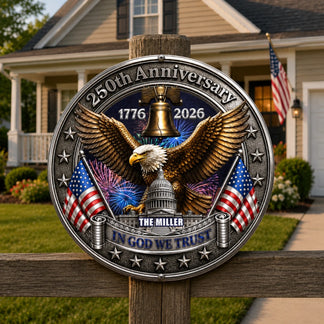 Decorative plaque celebrating 250th anniversary with eagle, American flags, and Capitol building in front of a house.