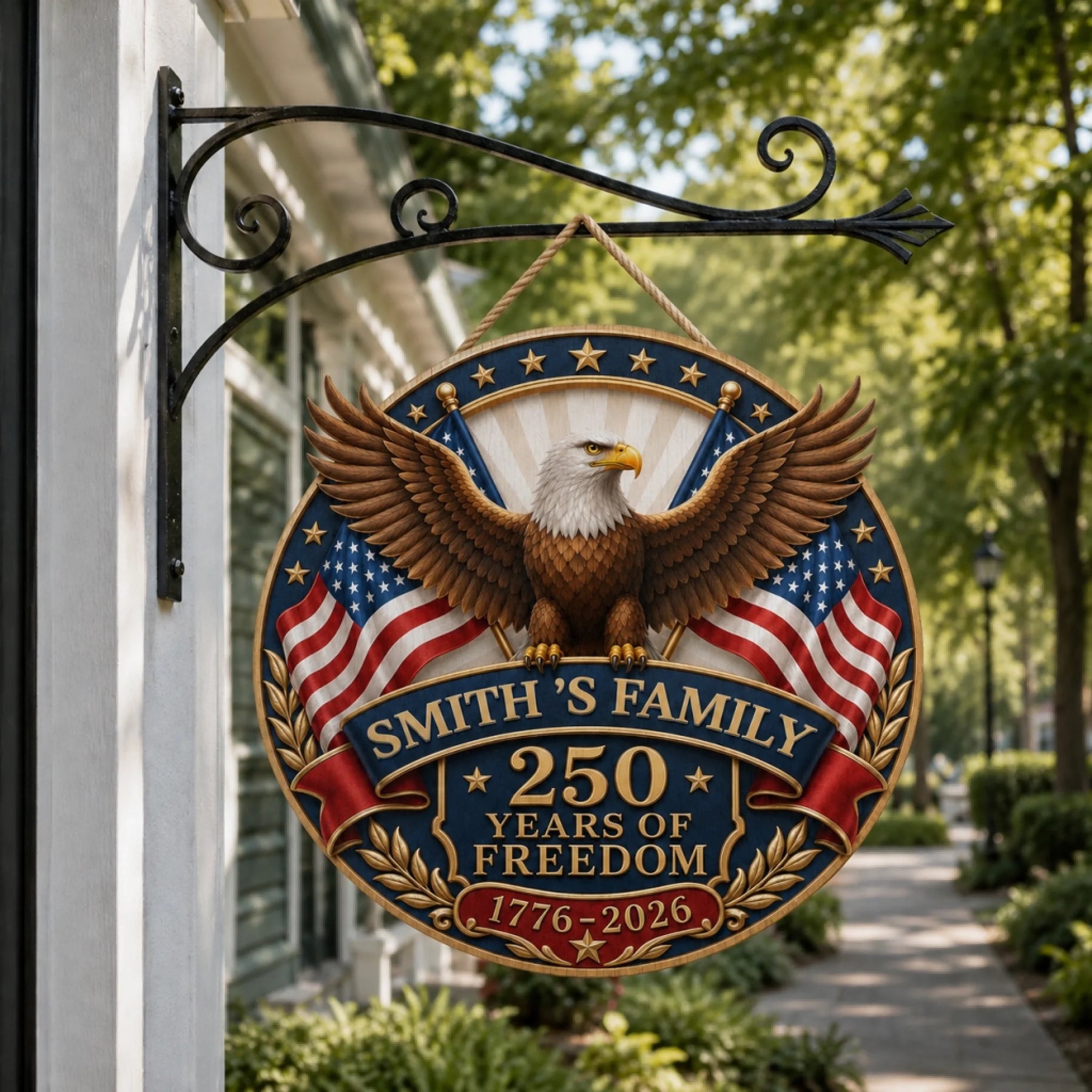 Decorative sign with an eagle and American flag design, featuring 'Smith's Family 250 Years of Freedom' text.