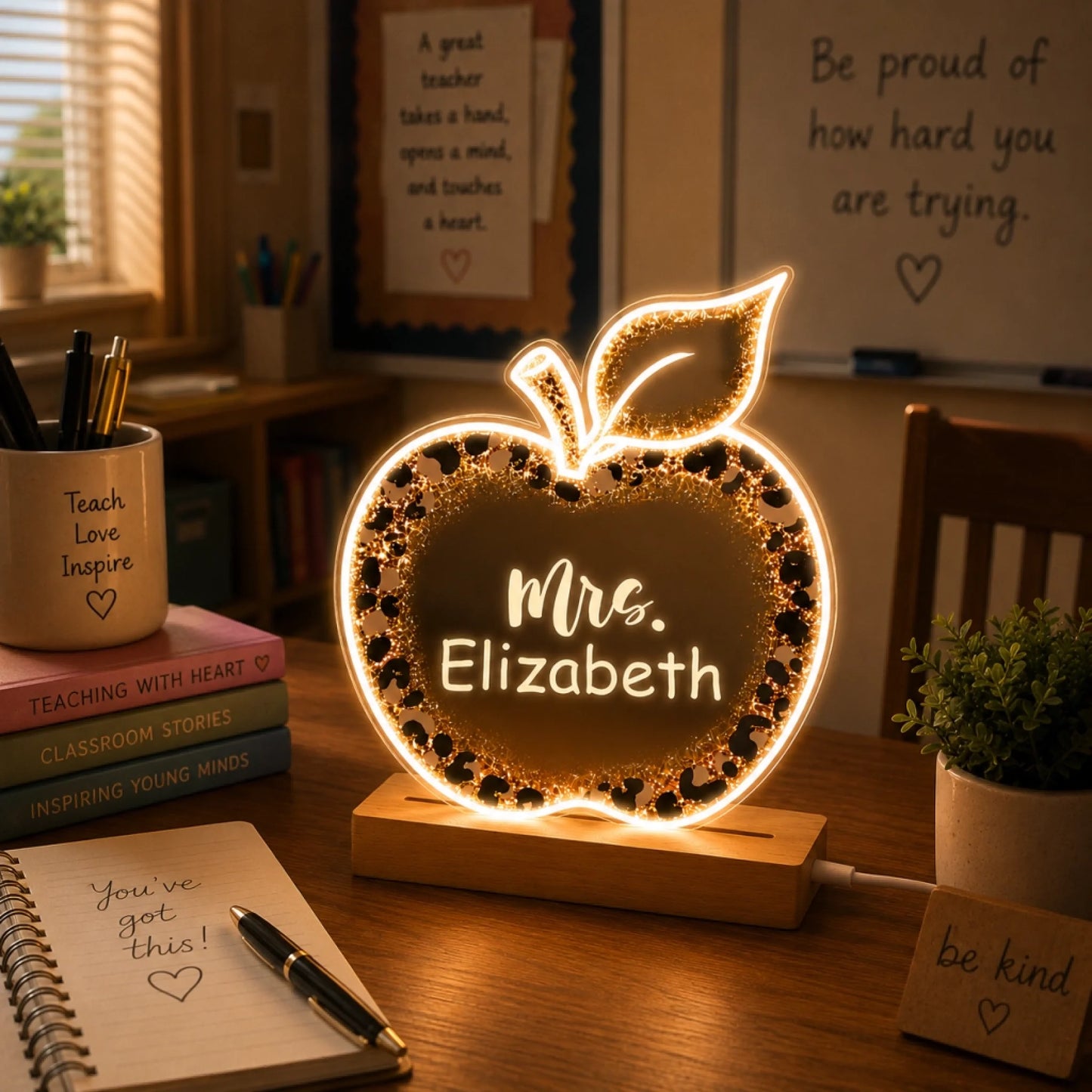 A glowing apple-shaped LED desk lamp with a glittery leopard print border and 'Mrs. Elizabeth' in the center. The lamp illuminates a study desk setting.