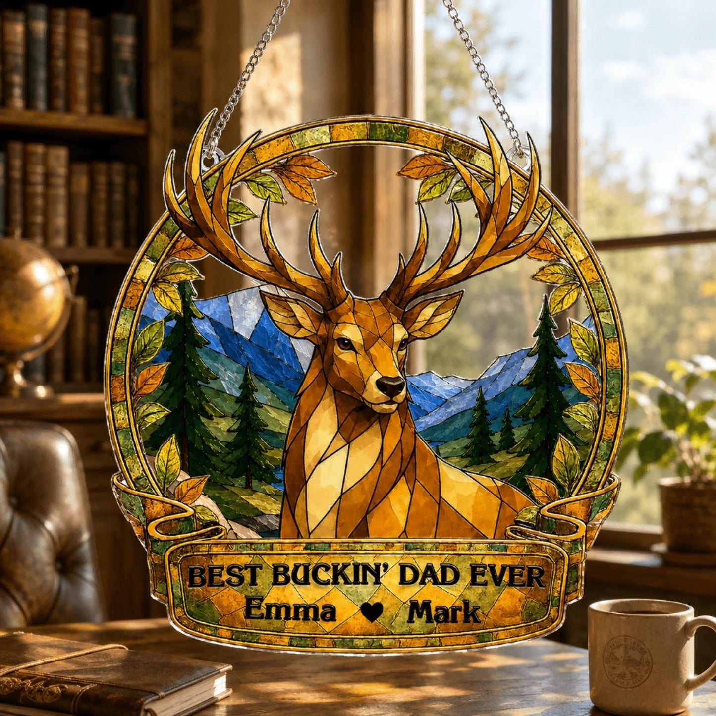 Decorative stained glass plaque with a deer design on a table in a room with books and a window.