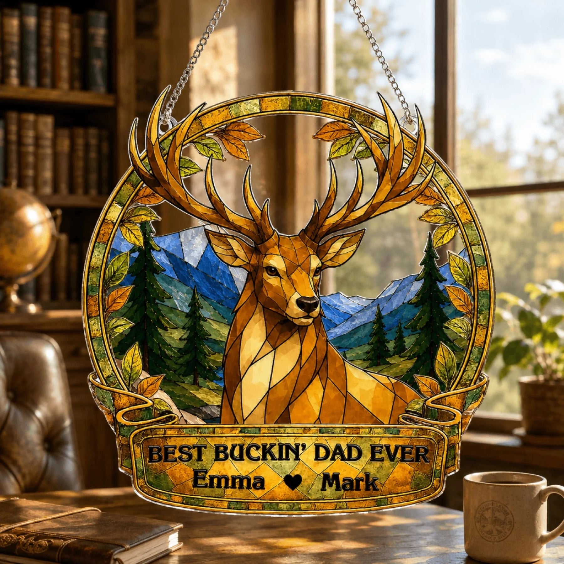Decorative stained glass plaque with a deer design on a table in a room with books and a window.