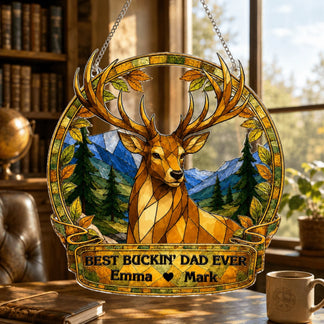Decorative stained glass plaque with a deer design on a table in a room with books and a window.