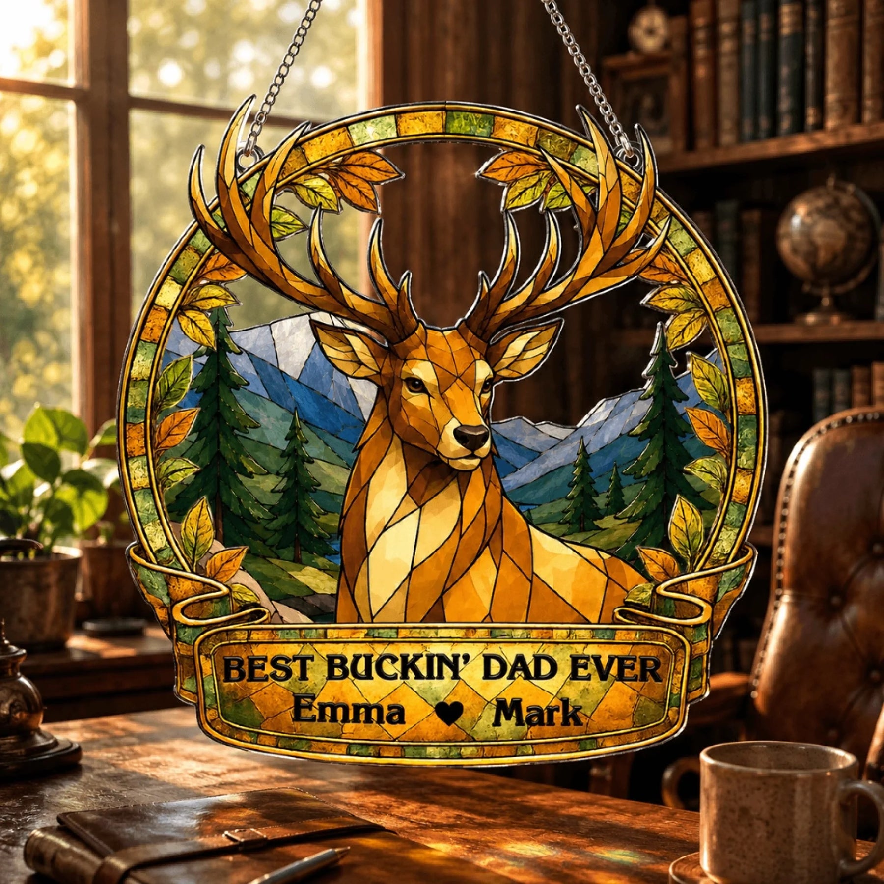Stained glass deer decoration with mountains and personalized text on a wooden table.