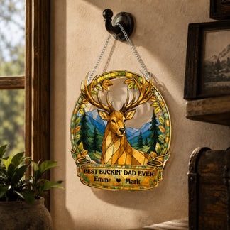 Decorative plaque with a deer design and text hanging on a wall.