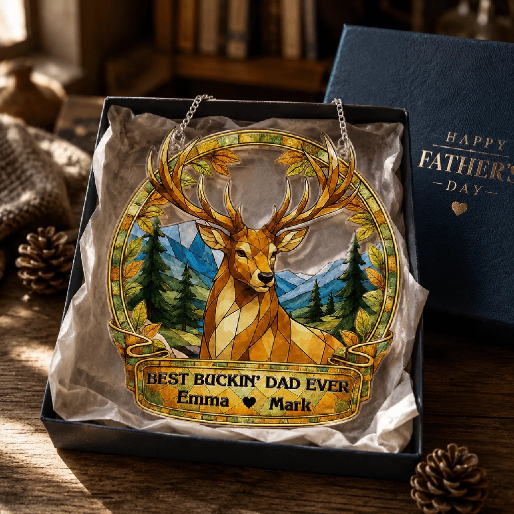 Decorative stag pendant in a box with 'Happy Father's Day' card in the background