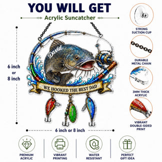 Acrylic suncatcher with fish design and fishing lures, featuring product details on a white background.