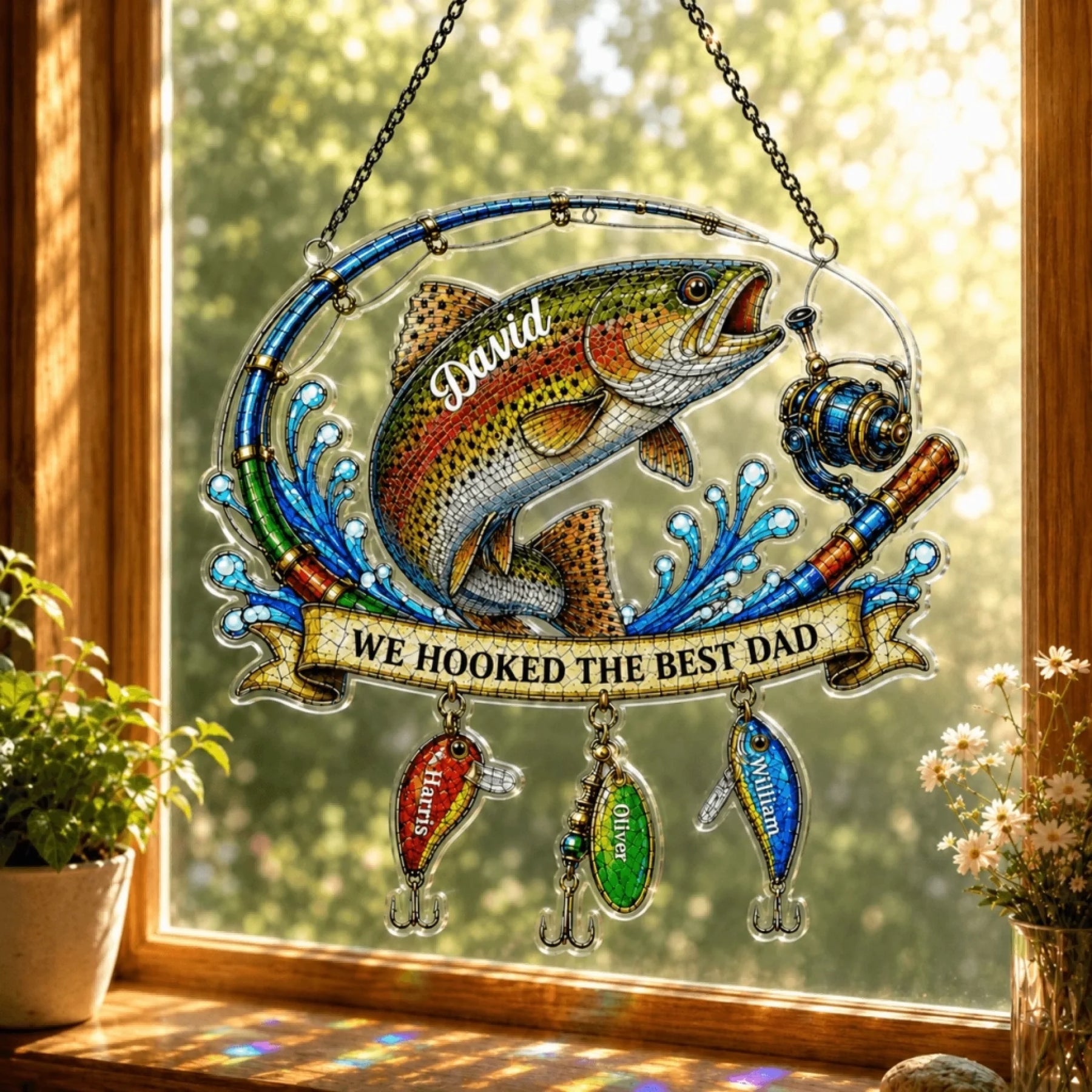 Decorative stained glass panel with a fish and fishing theme, hanging on a window.