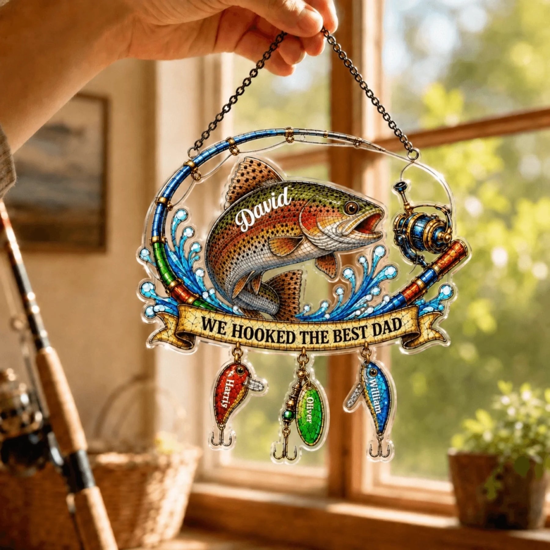 Decorative hanging ornament with a fish and text, held by a hand indoors.