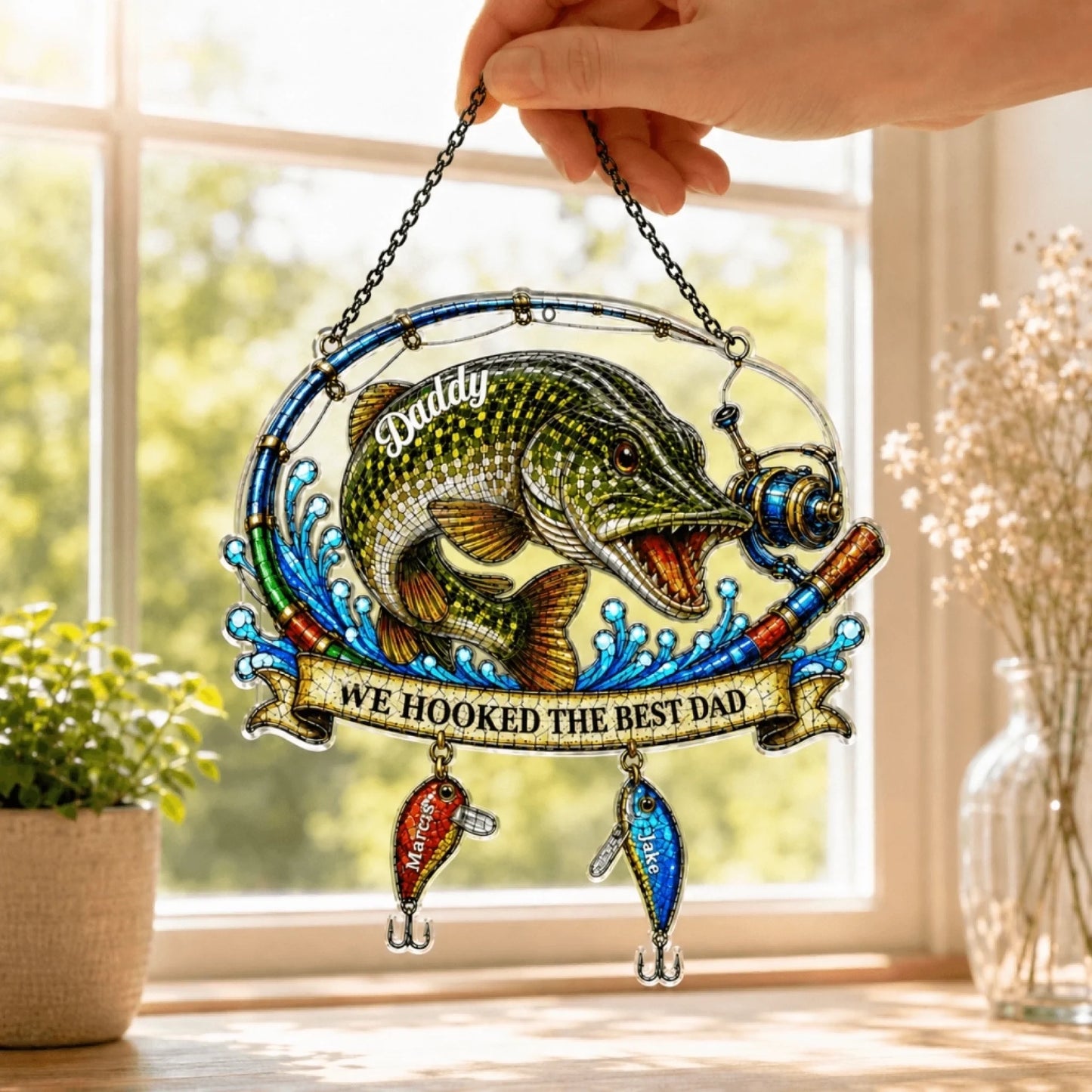 Decorative hanging ornament with a fish and text 'Daddy, we hooked the best dad' on a window sill.