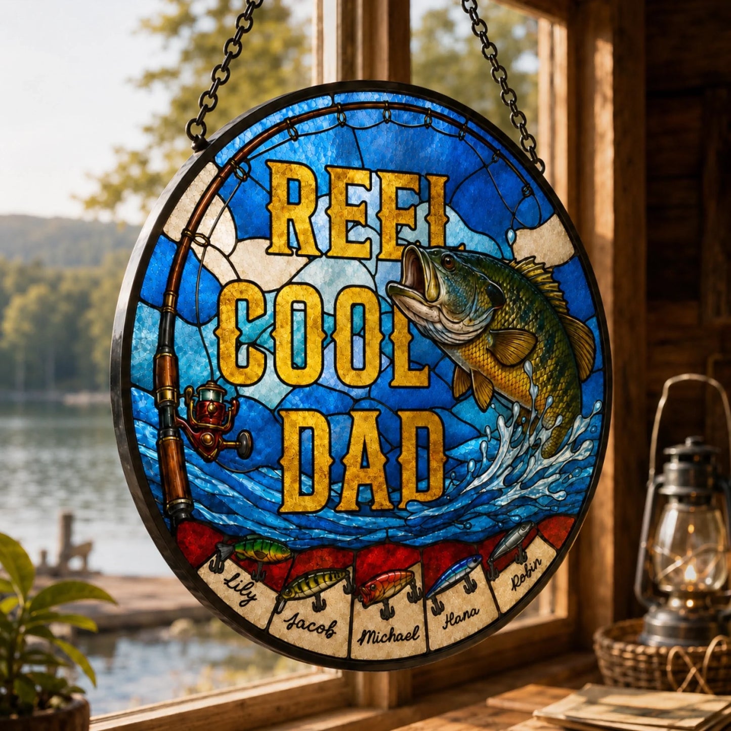 Stained glass panel with 'Reef Cool Dad' text and fish design, hanging by a window with a view of a lake.