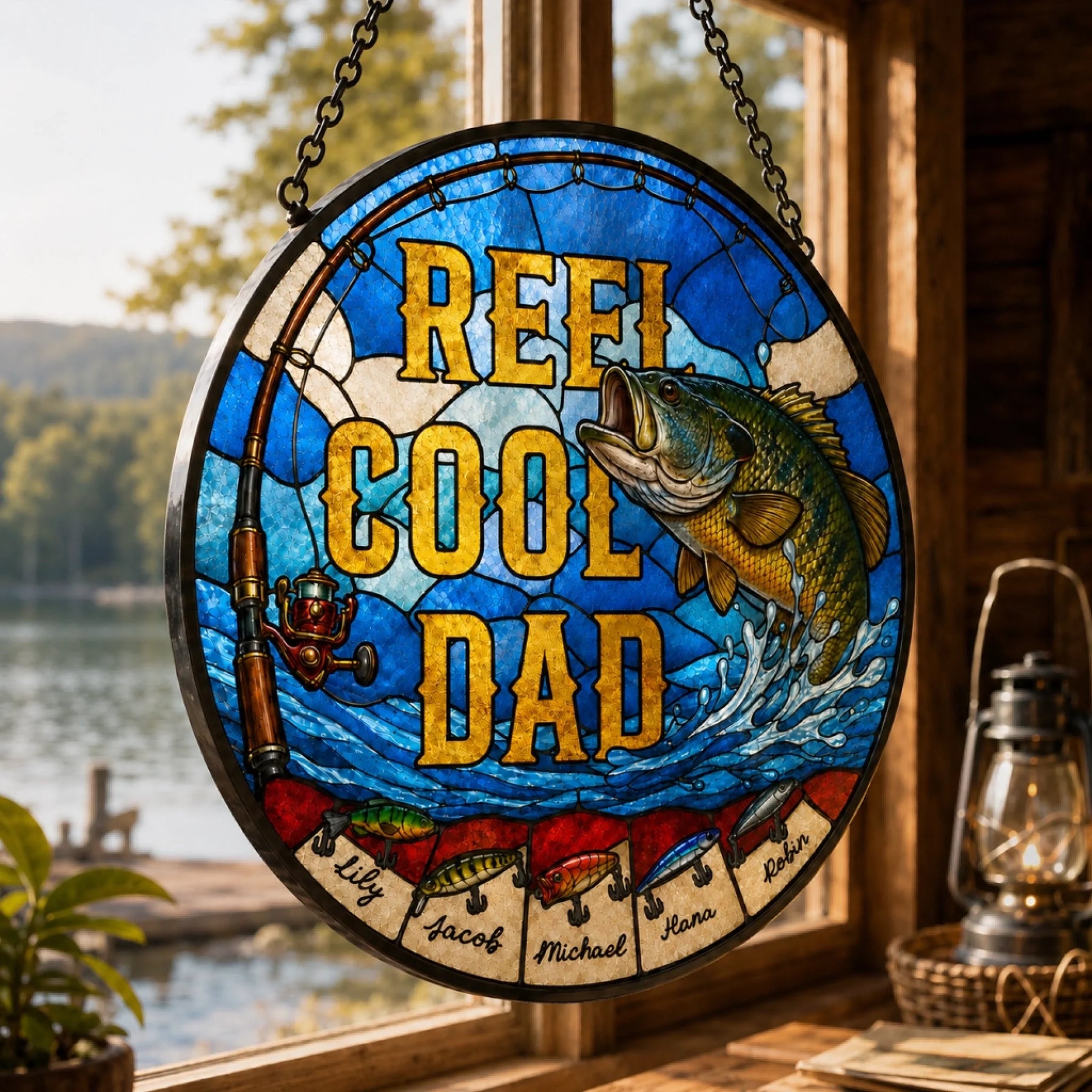 Stained glass panel with 'Reef Cool Dad' text and fish design, hanging by a window with a view of a lake.