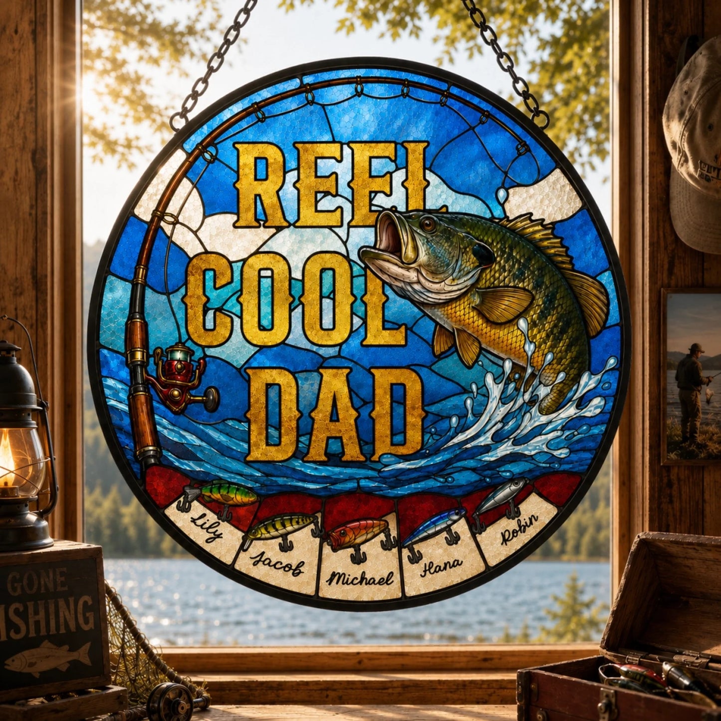 Stained glass window with 'Reef Cool Dad' text and fish design, placed in a room with a view of a lake.