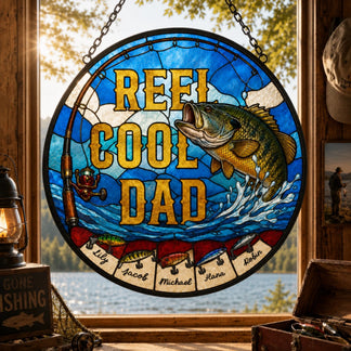 Stained glass window with 'Reef Cool Dad' text and fish design, placed in a room with a view of a lake.