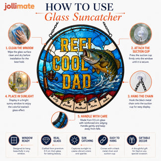 Instructions on how to use a glass suncatcher with a fishing design and text 'Reel Cool Dad'.