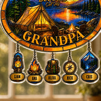 Decorative sign with camping scene and names below, resembling stained glass.
