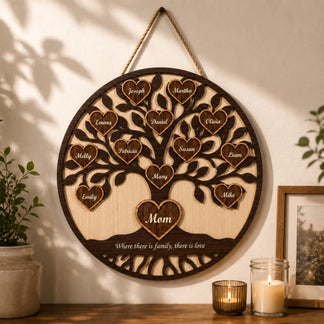 Wooden family tree wall decor with engraved names, hanging on a wall with candles and a plant.