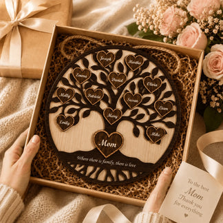 Wooden family tree with engraved names in a decorative box, held by hands with a card.