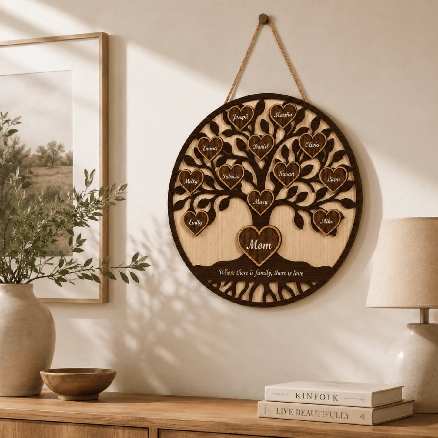 Wooden family tree wall decor hanging on a wall with books and a lamp in the background.