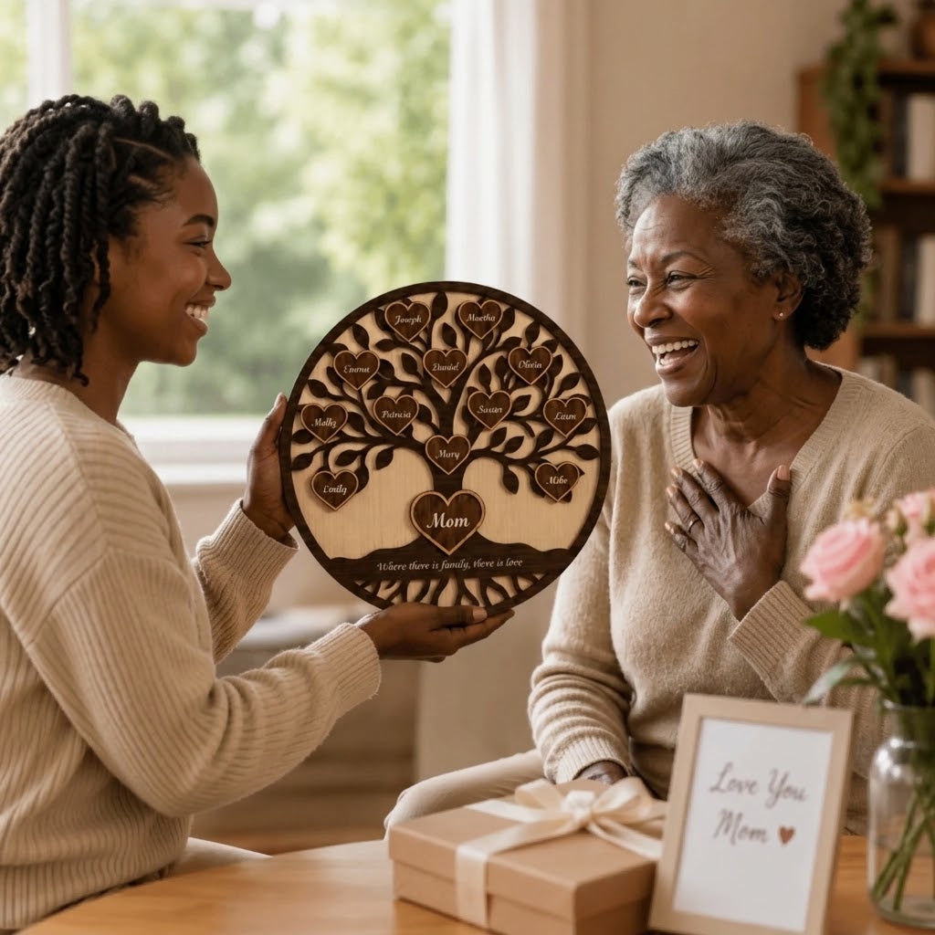 Woman presenting a wooden family tree gift to an older woman in a home setting.