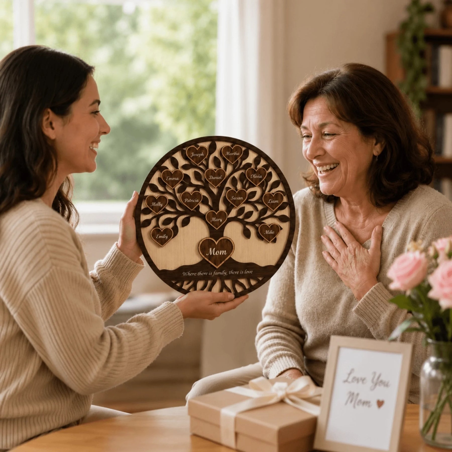 Woman presenting a wooden family tree gift to an older woman in a home setting.
