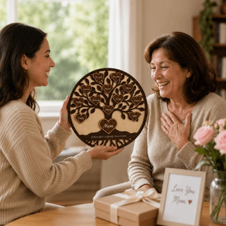 Woman presenting a wooden family tree gift to an older woman in a home setting.