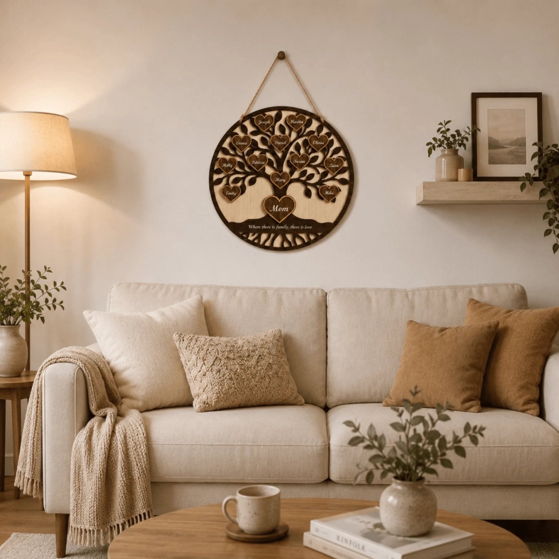 Cozy living room with beige sofa, decorative wall art, and a lamp.