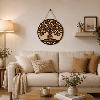 Cozy living room with beige sofa, decorative wall art, and a lamp.