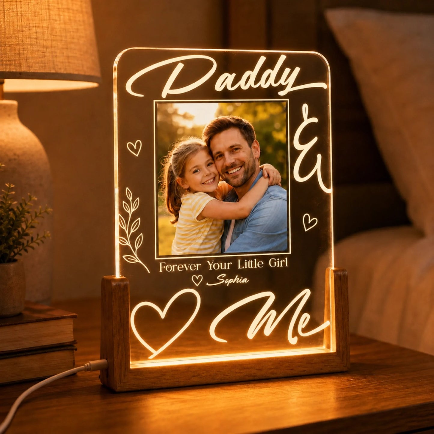 LED light frame with a photo of a man and a child, text 'Daddy Forever Your Little Girl Sophia' and 'Me', on a wooden surface.