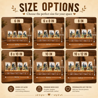 Size options chart for a personalized 'PAPA' photo display with dimensions and features.